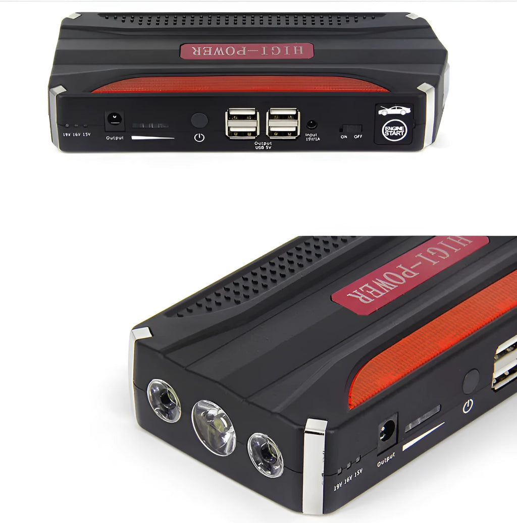 GG-JS-18 car jump starter with battery clamps, 4-in-1 cable, and laptop connectors in retail tool case