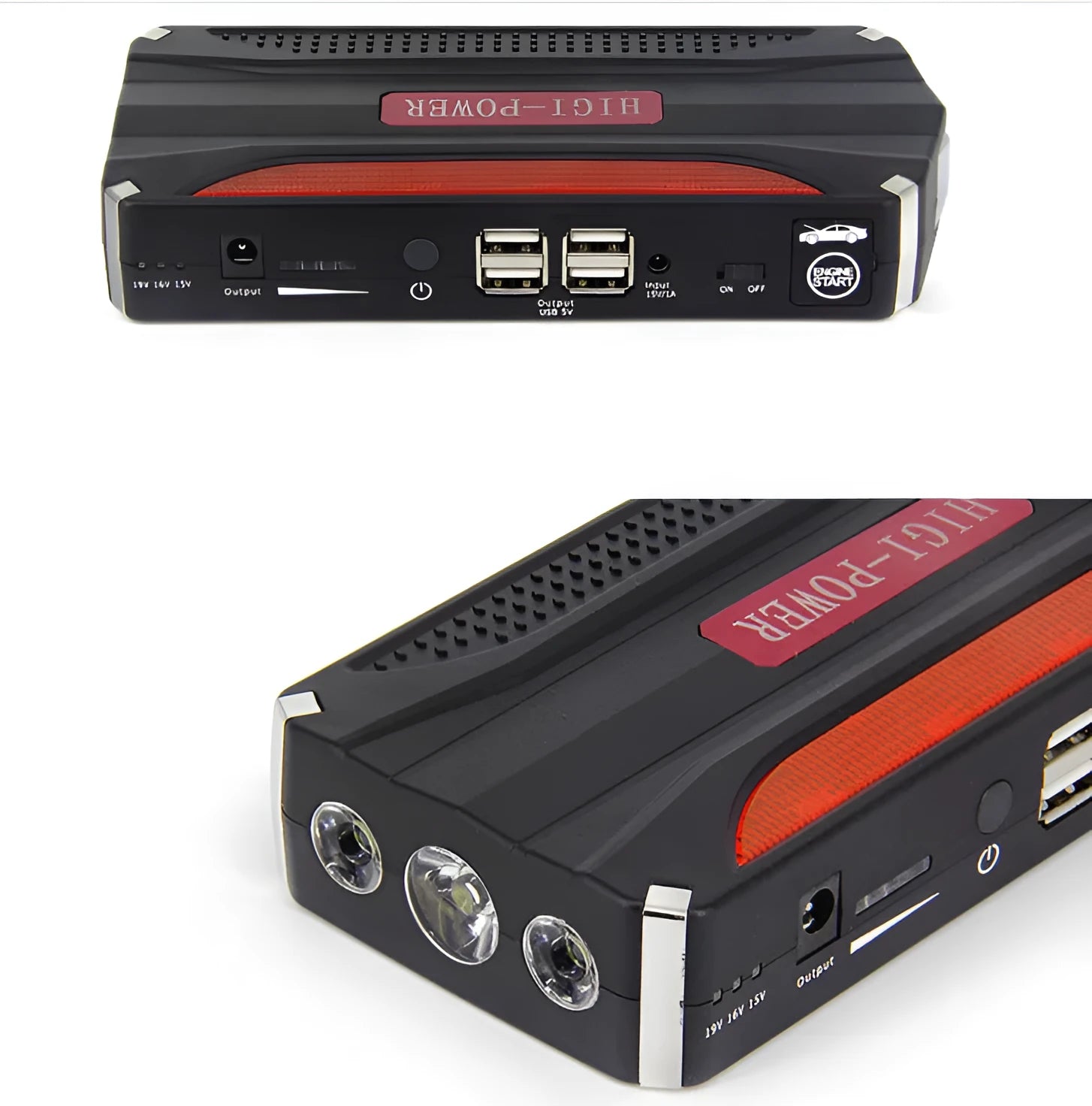 GG-JS-18 car jump starter with battery clamps, 4-in-1 cable, and laptop connectors in retail tool case
