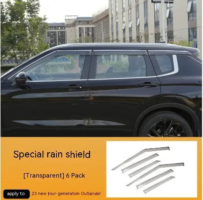 Black engineering plastic window deflectors fitted on a 2023 Mitsubishi Outlander front window.