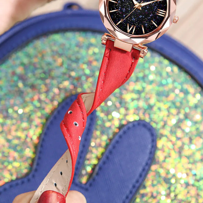 women's frost leather strap quartz wristwatch starry sky dial Roman numerals rhinestones round case