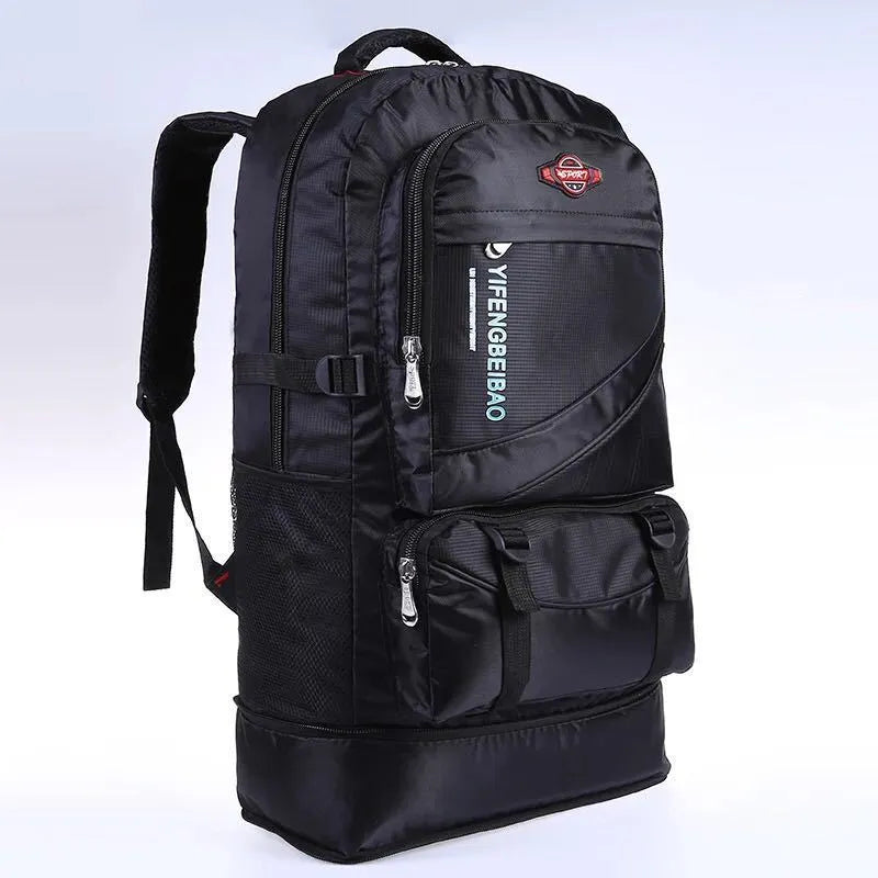 Men's simple outdoor sports backpack in black, 56-75L nylon, breathable and waterproof, with folding design