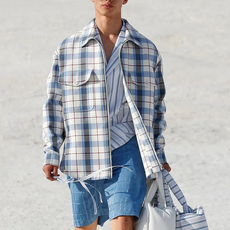 Men's slim fit long sleeve plaid shirt in Blue Plaid with lapel collar, woven polyester fabric
