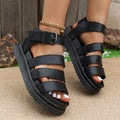Black thick sole buckle sandals showing fish mouth round toe design and adjustable strap