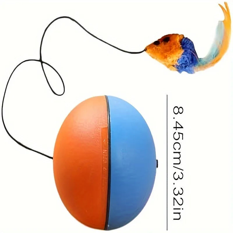 Grey and orange interactive cat toy ball with attached plush mouse and feather tail.