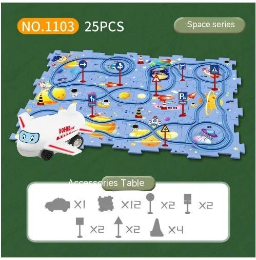 Children puzzle electric railroad speeder DIY assembly track set with automatic car and plastic pieces in multiple themes