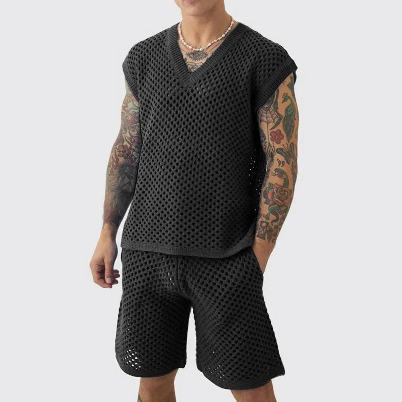 Men's blue V-neck knitted vest and matching shorts sports set laid flat.