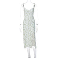 Blue lace flowers print long dress with suspender straps and a high thigh slit.