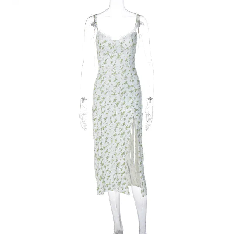 Blue lace flowers print long dress with suspender straps and a high thigh slit.