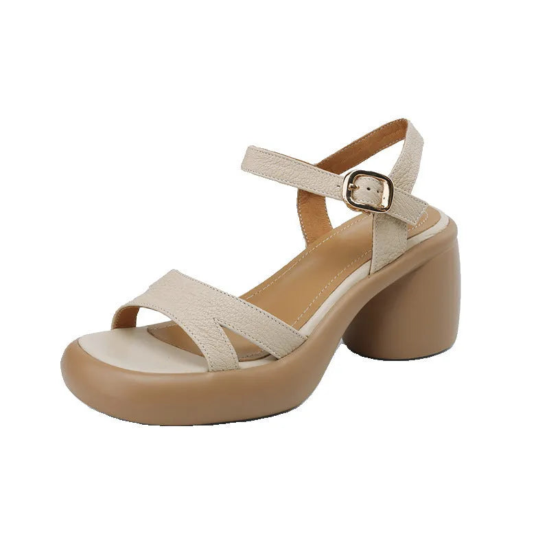 Women's apricot open toe platform sandals with a round toe holder and a thick light-coloured rubber sole.