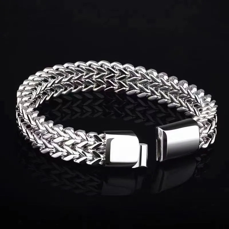 Silver titanium steel geometric hip hop bracelet showing front and back simple design