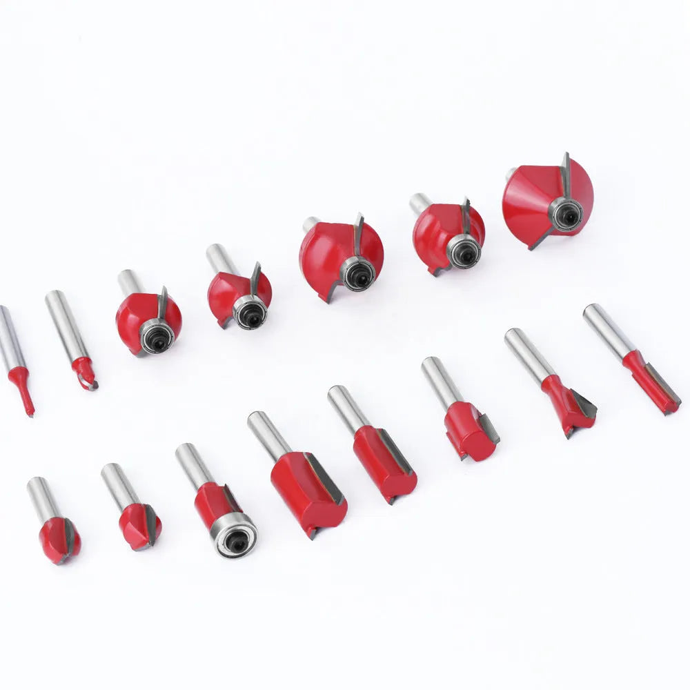 15-piece router bits set with 1/4-inch shank hard alloy cutter heads in red case