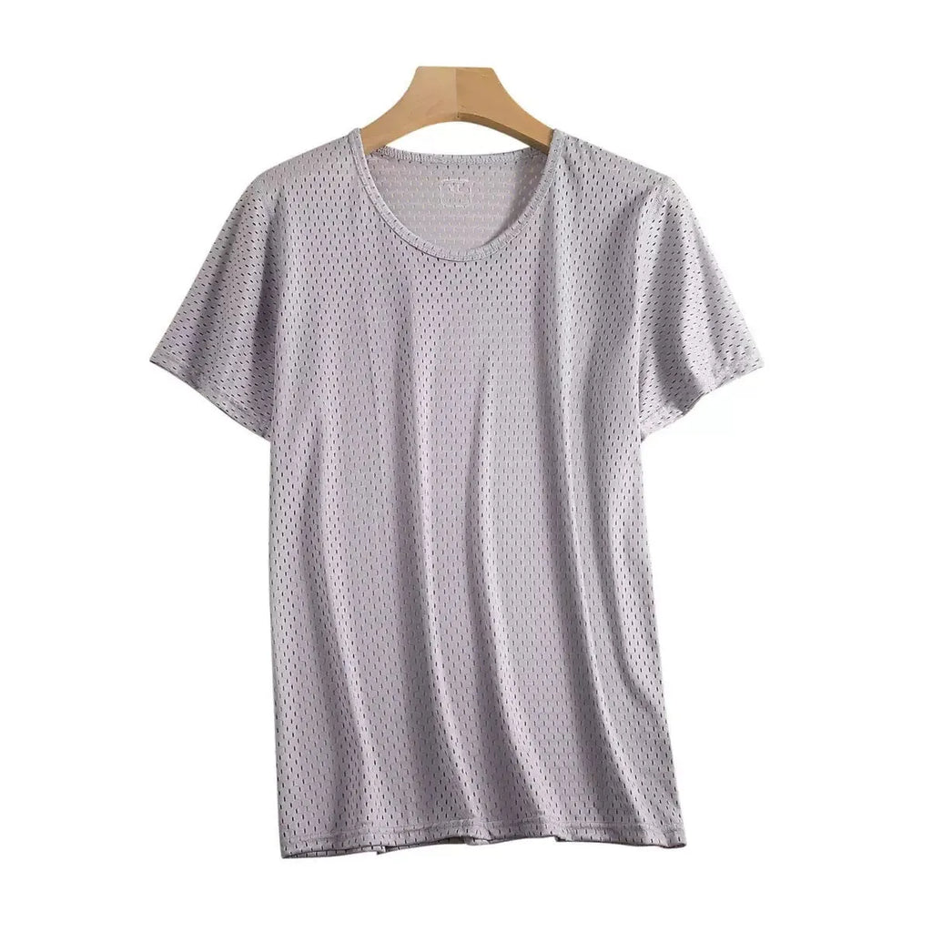 Men's loose fit ice silk short sleeve t-shirt in solid grey, showing crew neck and thin fabric texture.