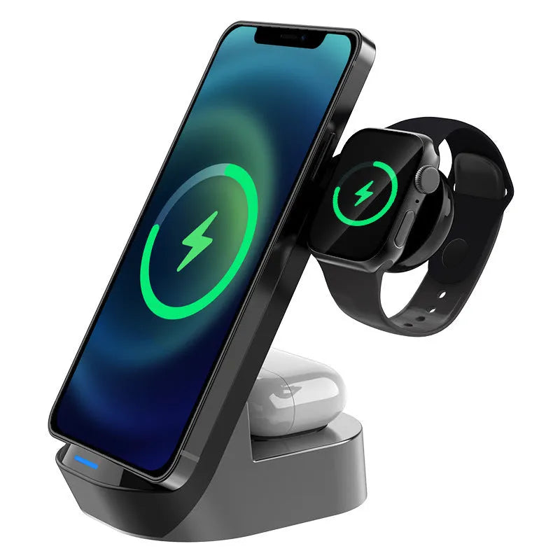 Black grey foldable 3-in-1 wireless charger stand with phone upright, watch and earbuds case on pads.