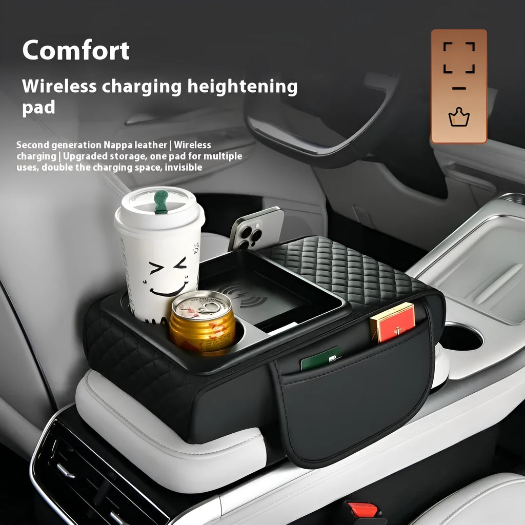 Leather car armrest box cover with wireless charging pad, tissue storage, and cup holder in black.