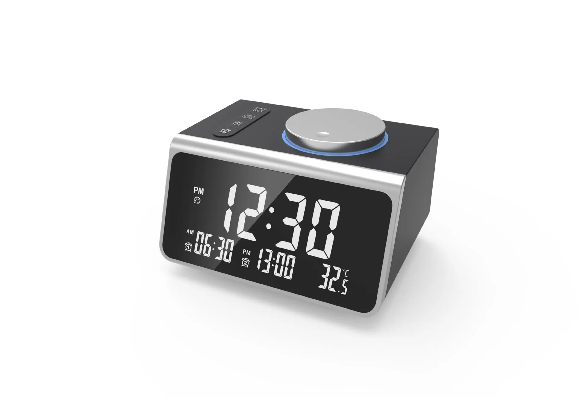 FM radio alarm clock with USB charging port and 3-inch digital display on a bedside table