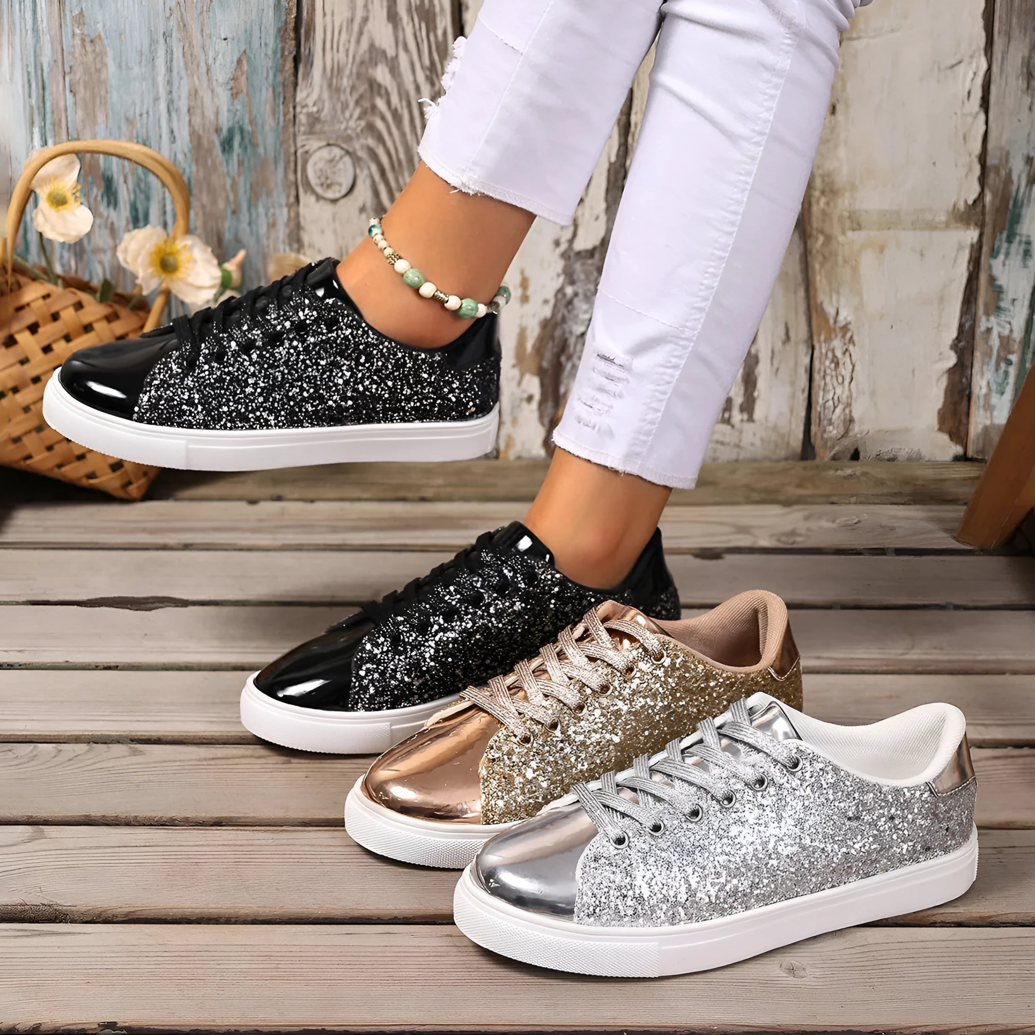 Women's plus size black sequined lace-up board shoes with flat rubber sole.