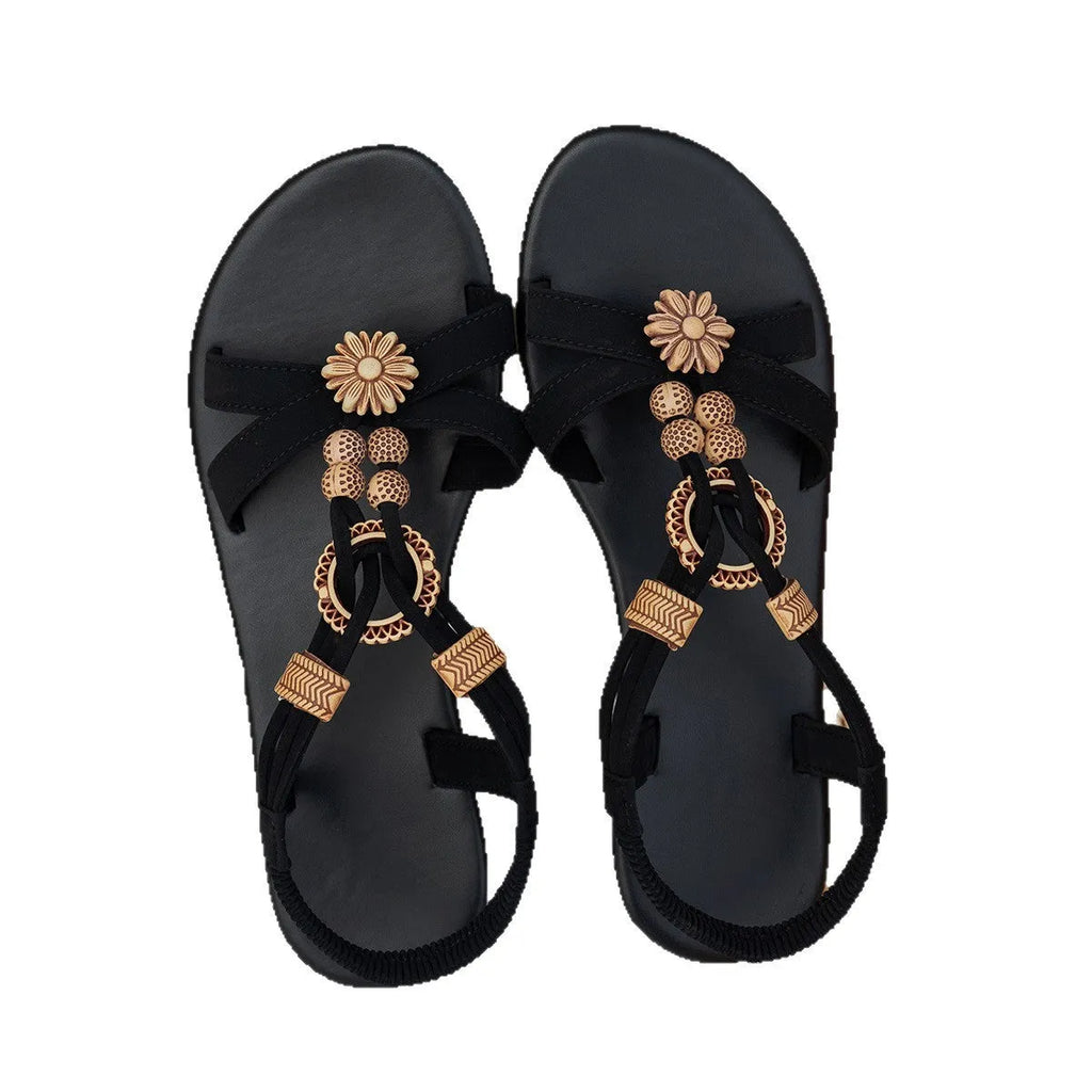 Black ethnic style women's sandals with elastic band, rhinestone decoration, and open toe design