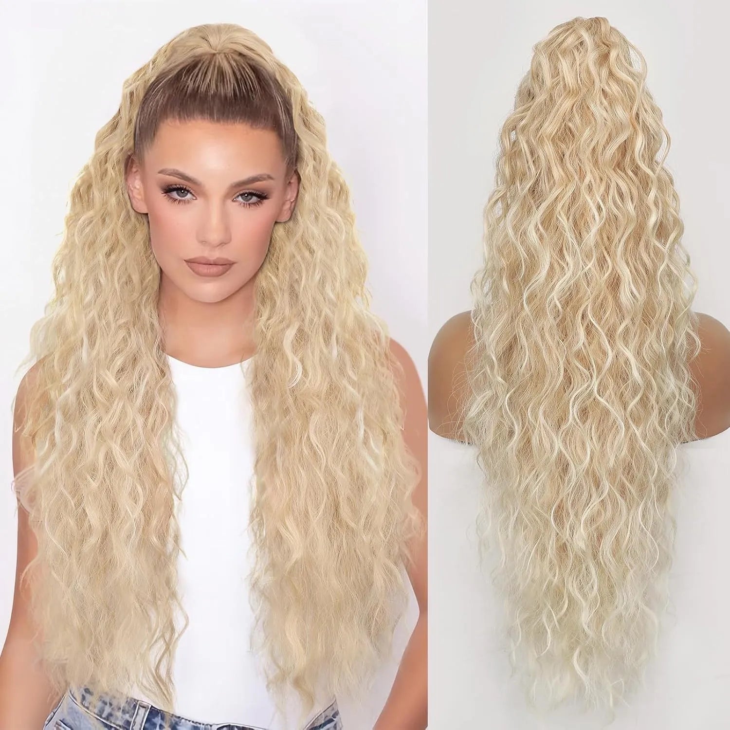 Long, fluffy curly synthetic ponytail wig in a high temperature fibre, shown in a 30-inch length.