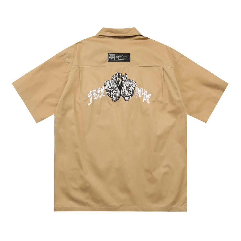 Men's black cotton blend work shirt with embroidery and pocket, loose fit plus size half sleeve design