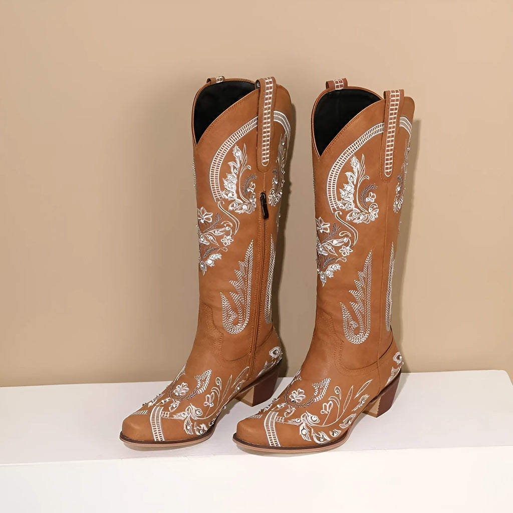 Embroidered rhinestone high-top boots with side zipper and mid heel in beige
