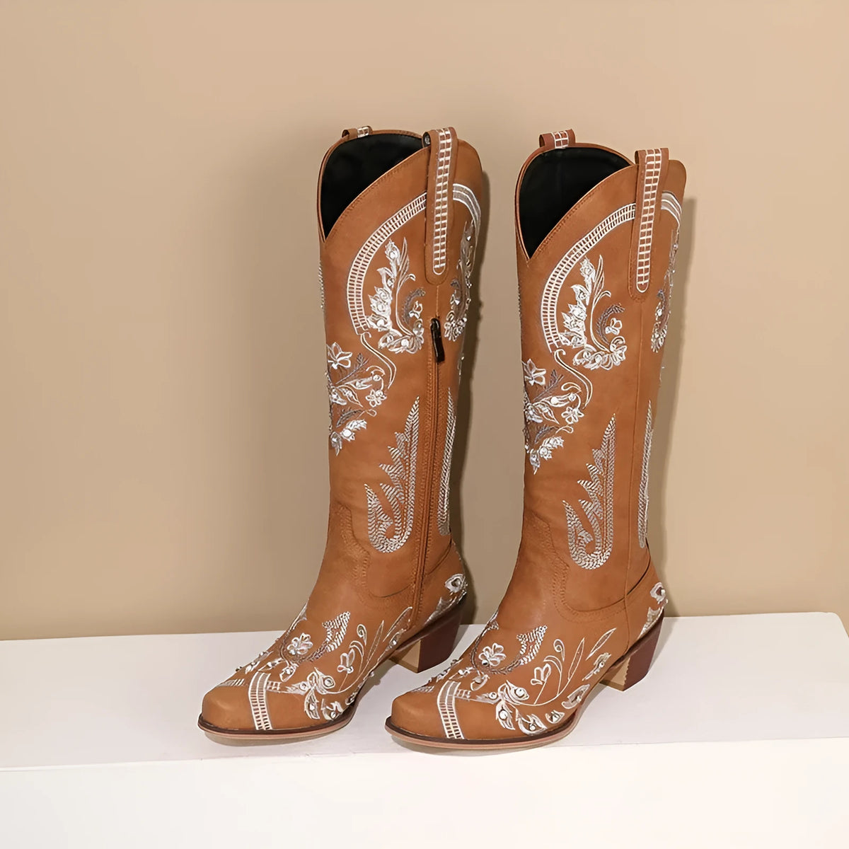 Embroidered rhinestone high-top boots with side zipper and mid heel in beige