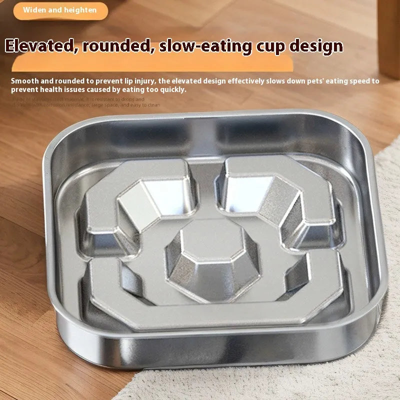 Pet square stainless steel slow feeding bowl with obstacles, Bone Square style, on a floor