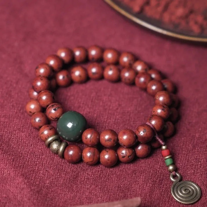 A handmade double circle bracelet crafted from natural bodhi seeds in a retro cartoon style.