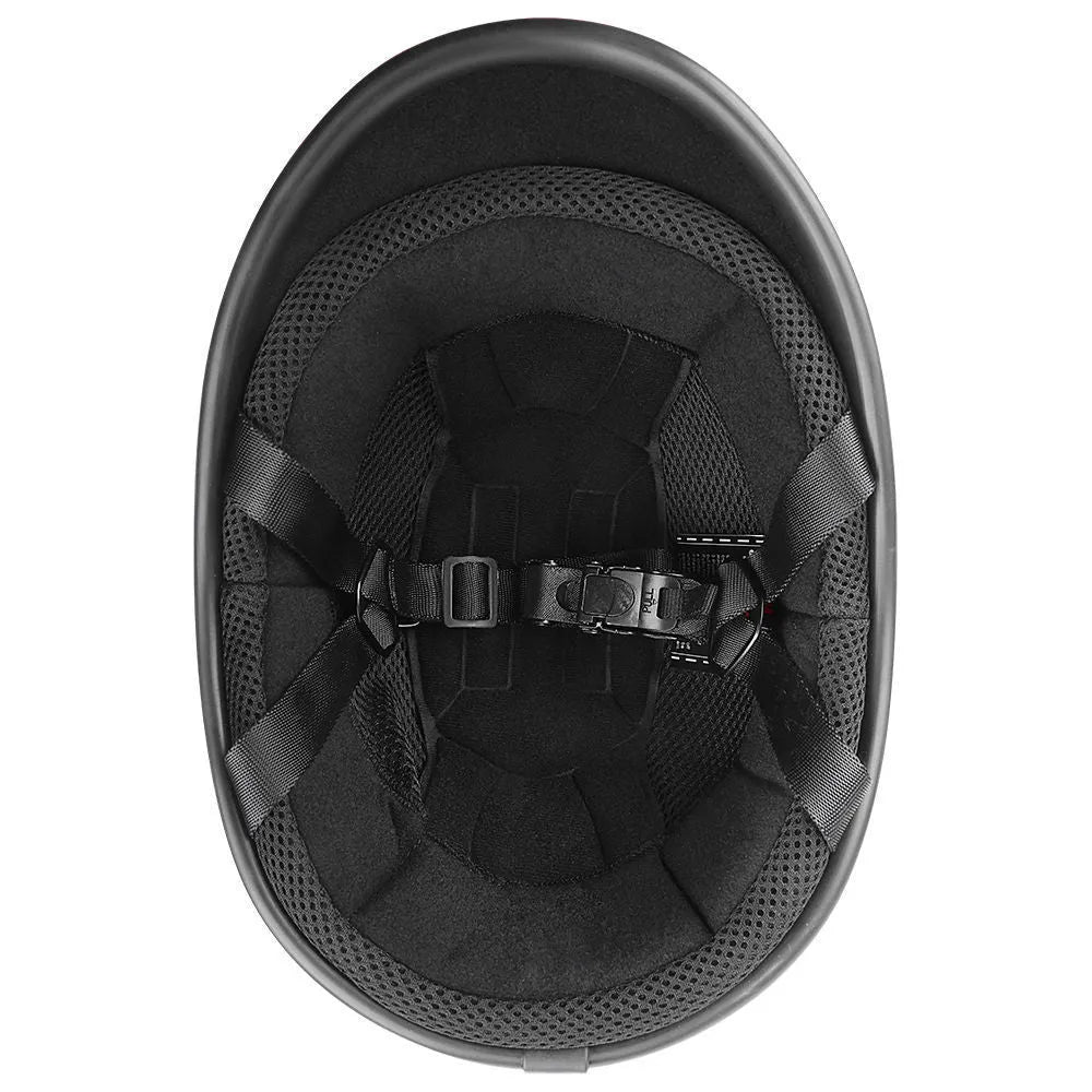 Retro style motorcycle helmet in ABS plastic shown in matte black and other colour options.