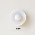 White round glass ceiling light fixture with a 25cm diameter shade.