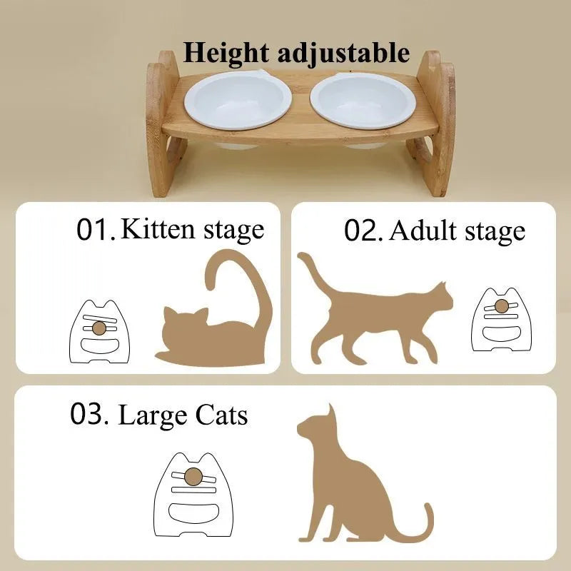 Ceramic double bowl pet feeder on bamboo stand, height adjustable, original wood colour, non-slip base