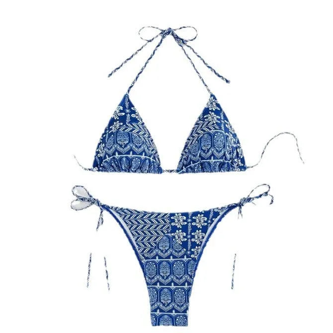 Women's bandage style split bikini swimsuit with stitching and printing details in multiple colour options