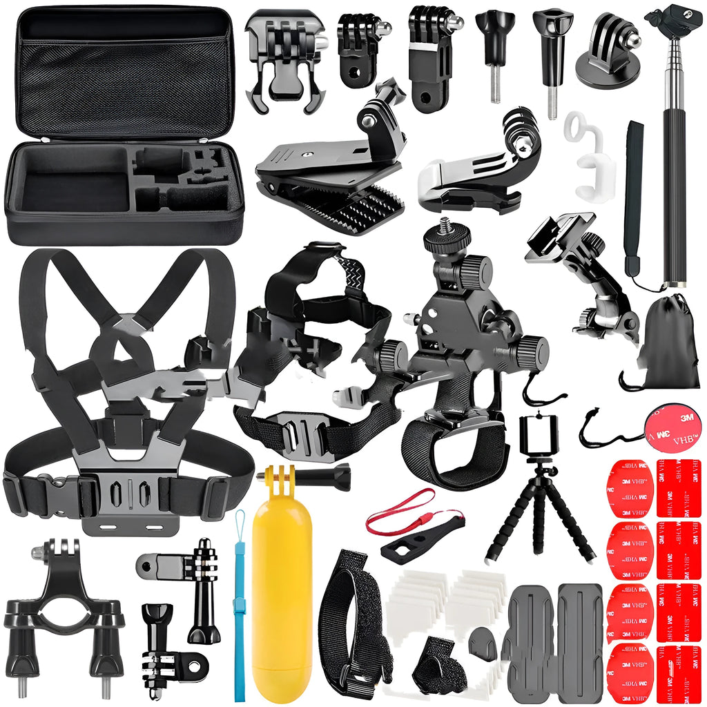 Black GoPro accessories set with a chest strap and a helmet tripod mount on a white background.