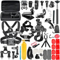 Black GoPro accessories set with a chest strap and a helmet tripod mount on a white background.