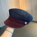 Adjustable denim octagonal newsboy hat in dark blue with coloured brim options