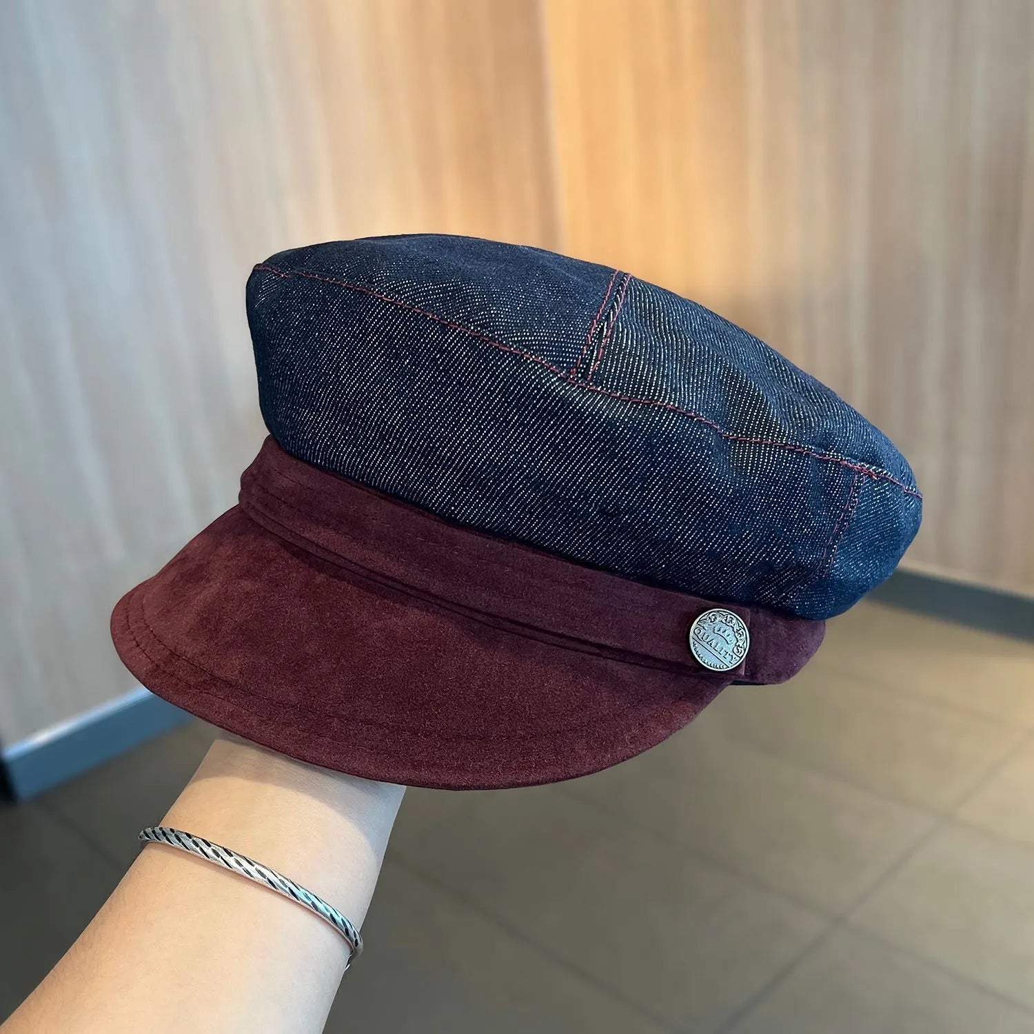 Adjustable denim octagonal newsboy hat in dark blue with coloured brim options