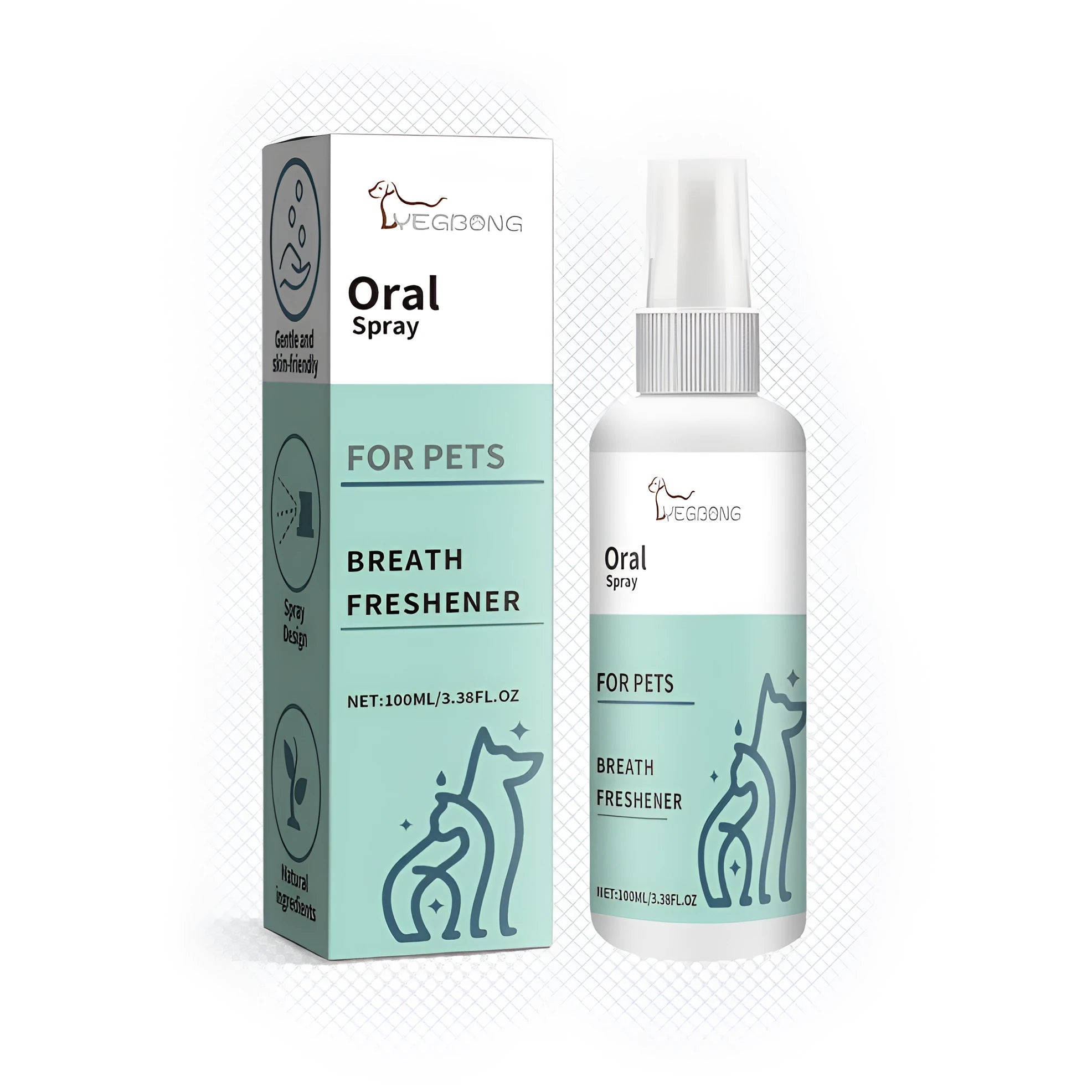 Light blue PET bottle of oral care spray cleaner for pets, 3.8x14.6cm, with propolis and mint leaf oil