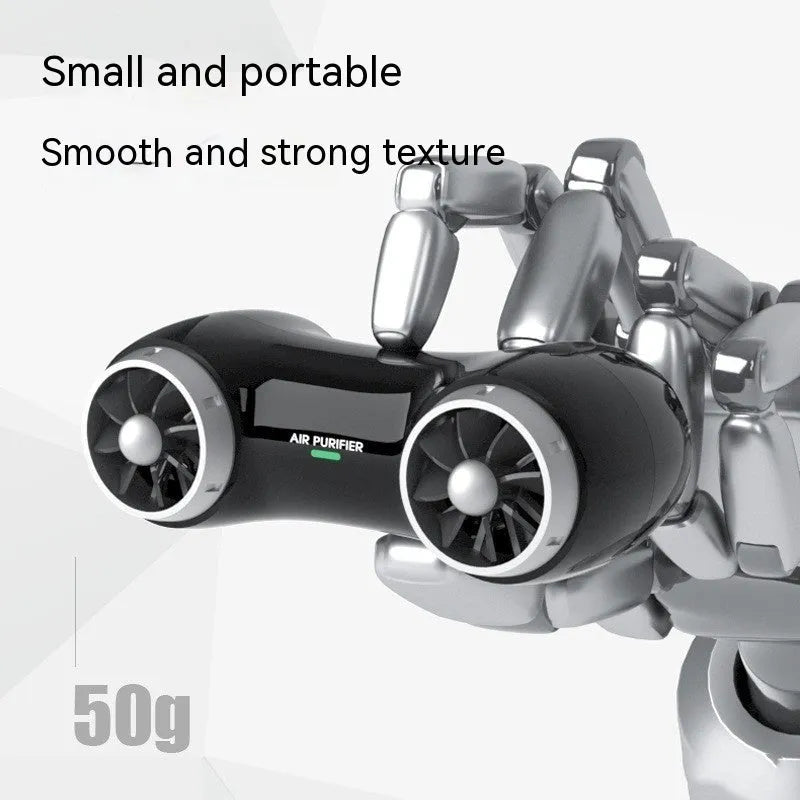 Compact black or white car air purifier with anion and aromatherapy functions for vehicle use.