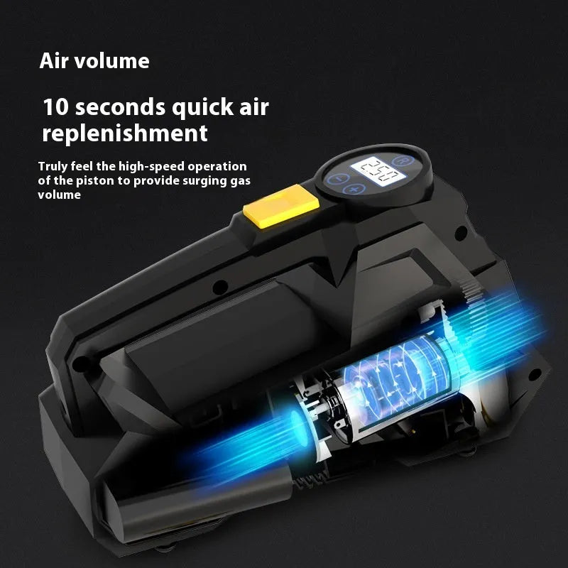 Black portable car tyre inflator with digital display and 12V power cable