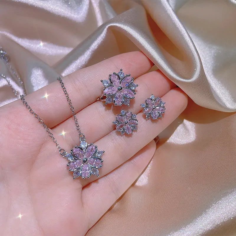 Double-layer flower cubic zirconia jewellery set: ring, stud earrings, and necklace in white copper, pink diamond colour option