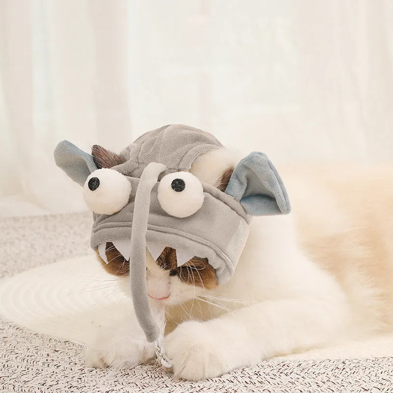 Grey headband cat toy with big-eyed fish teaser on adjustable 24-30cm band for hands-free feline play