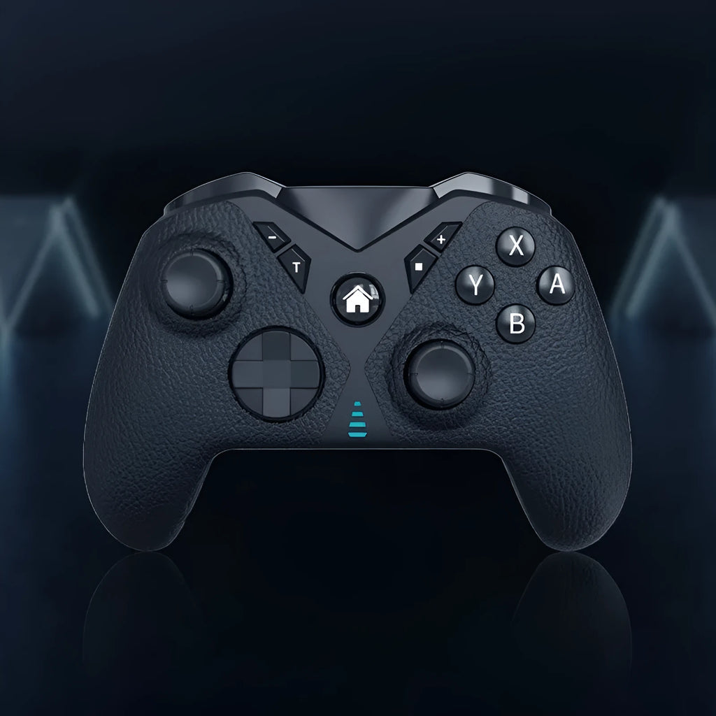 Black wireless game controller with leather-pattern texture on grips, shown front view.