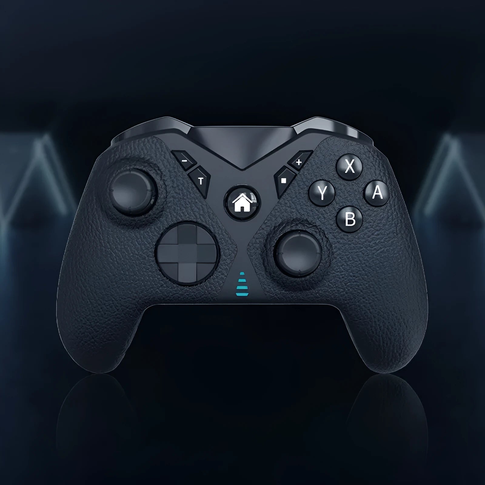 Black wireless game controller with leather-pattern texture on grips, shown front view.