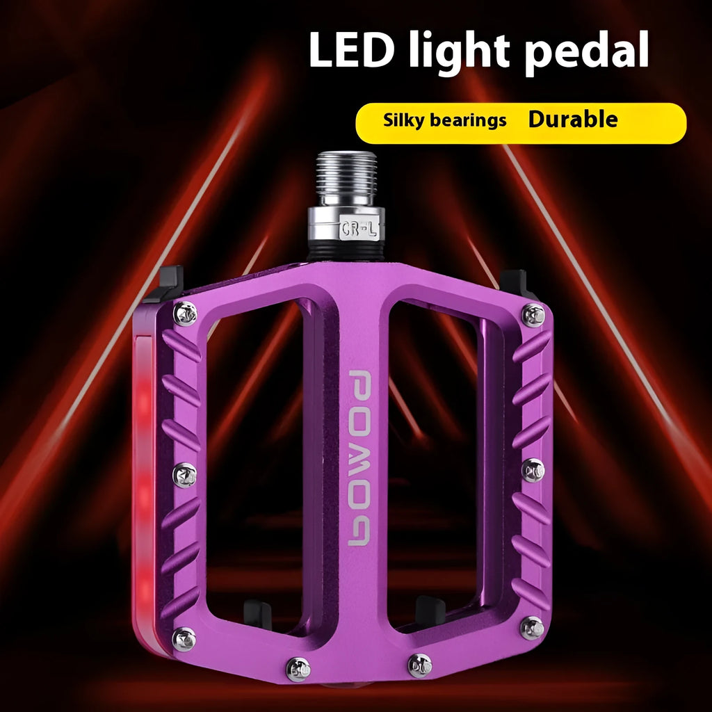 Aluminium bicycle pedals with integrated LED lighting in five colour options