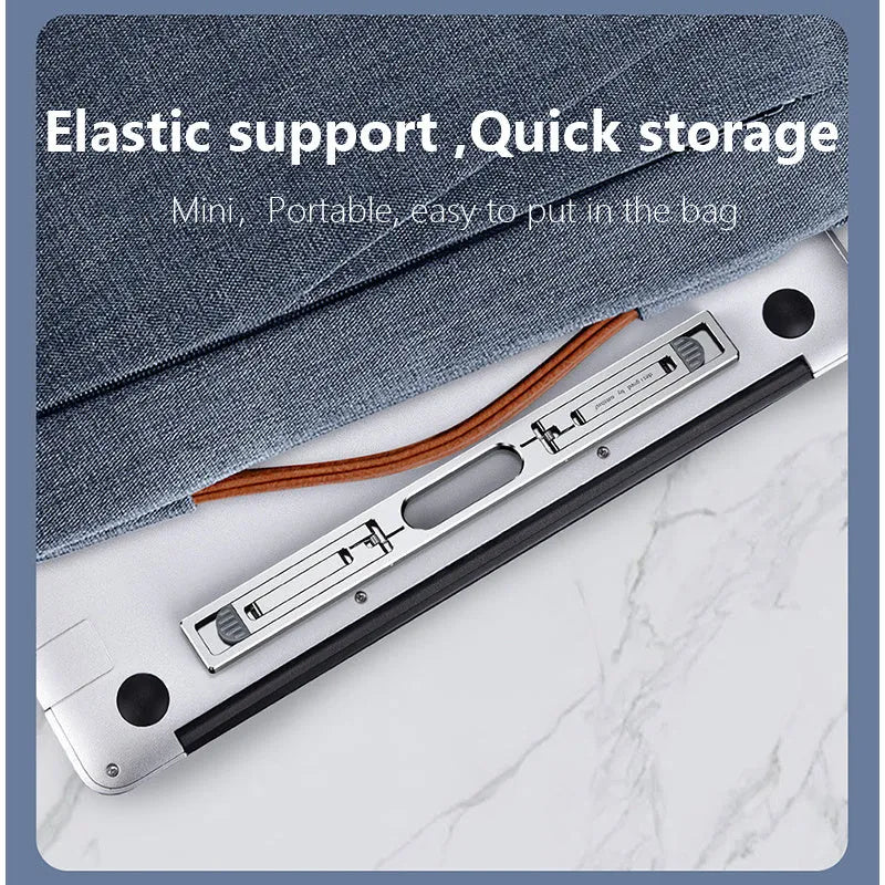Aluminium alloy adjustable laptop cooling bracket stand in silver colour on a desktop