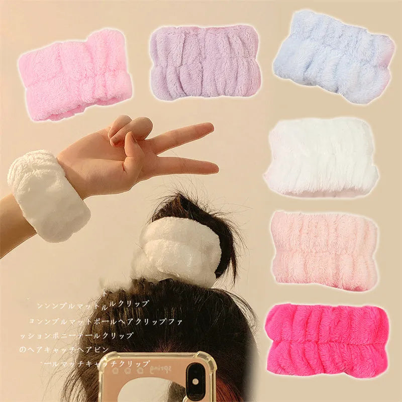 Coral velvet wrist washbands in white, pink, light blue, grey, and lavender for face washing and beauty routines.