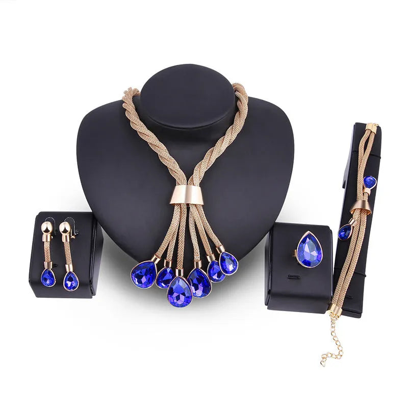 Four-piece gilded women's jewellery set with alloy diamond-finish square pattern, including necklace, earrings and bracelet in 18K gold colour