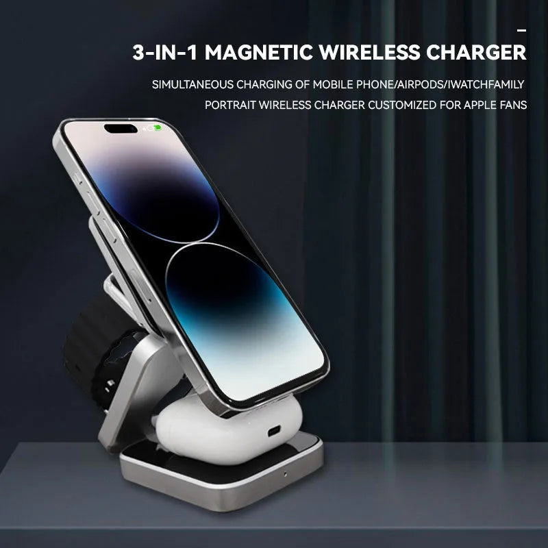 Three-in-one folding desktop wireless charging bracket for Apple Samsung and Google Pixel Watch with magnetic ring