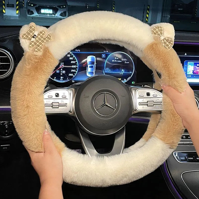 Plush steering wheel cover with cute cartoon panda ears in milk tea white for 38cm diameter steering wheels