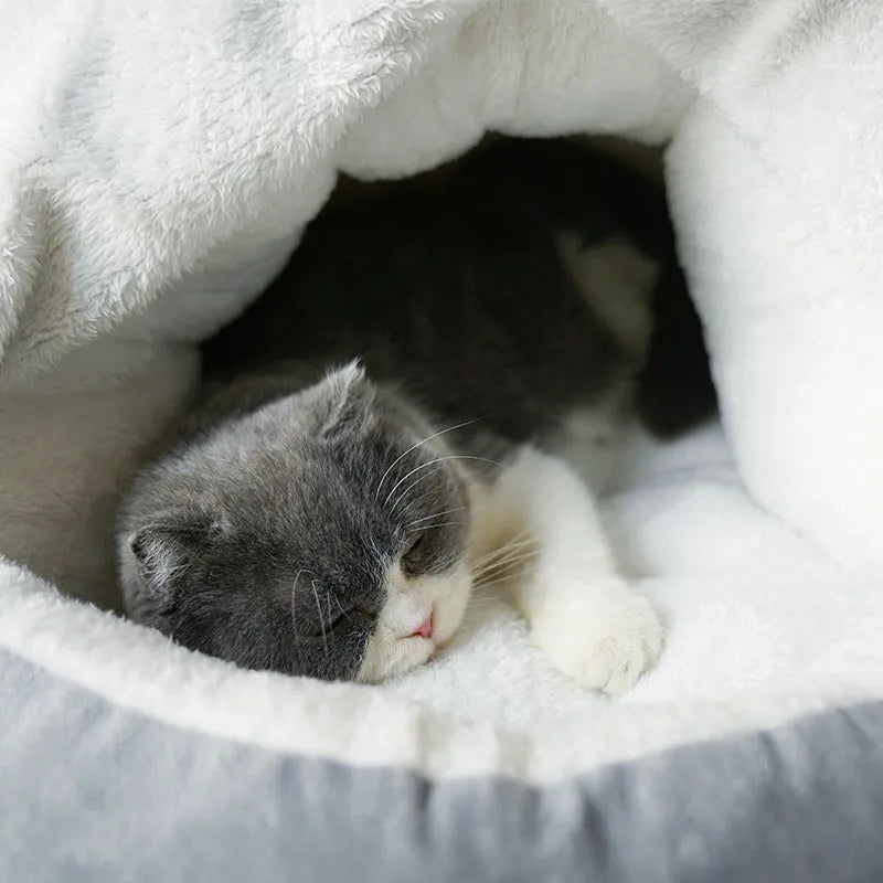 Semi-closed plush cat kennel with door curtain in Gray colour option