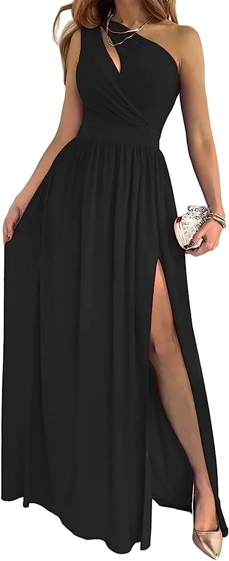 Women's one shoulder sleeveless maxi dress with high side split cutout in soft fabric.